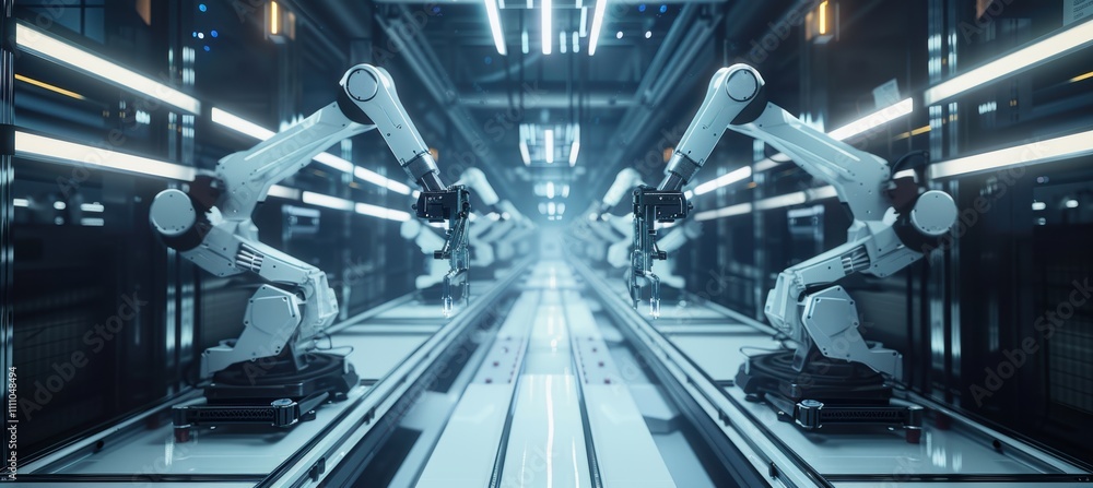 Poster futuristic drone assembly line with robotic arms in high-tech factory