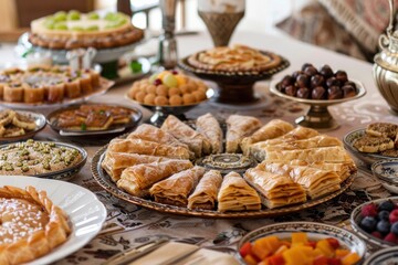 Fototapeta premium Festive Eid Celebration Table with Assorted Sweets and Desserts for a Joyful Gathering