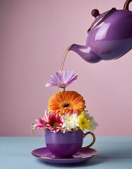 Purple teapot pouring into a cup of colorful flowers. A whimsical, vibrant still life.