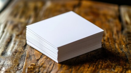 Fototapeta premium Stack of Blank White Cards on Rustic Wooden Surface