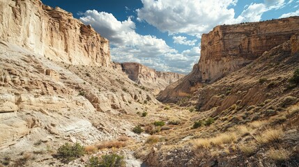 Fototapeta premium Breathtaking Scenic View of Rocky Canyon Landscape with Dramatic Sky and Lush Vegetation in Arid Desert Environment