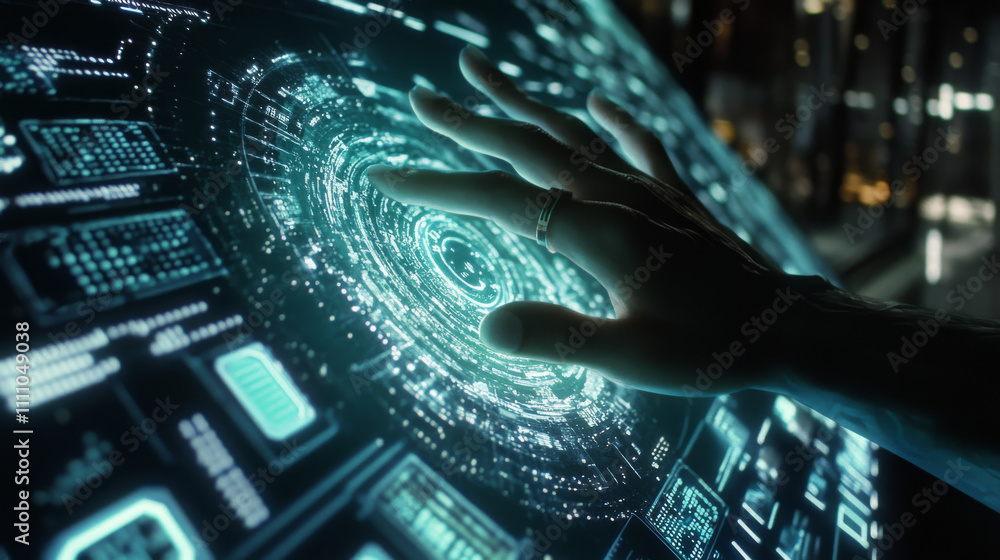 Poster digital hand touch on abstract background. big data high security technology abstract background. fu