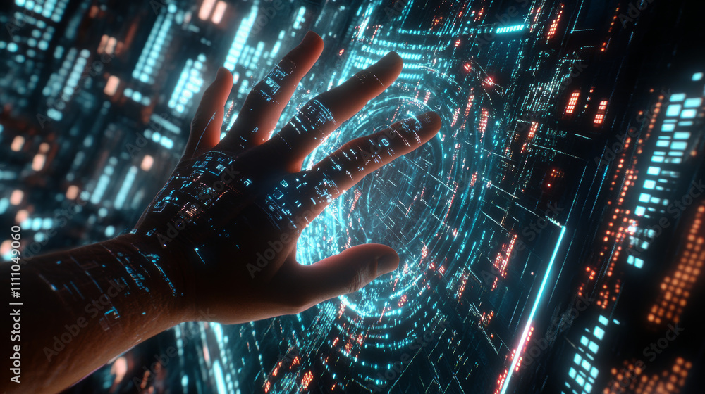 Poster digital hand touch on abstract background. big data high security technology abstract background. fu