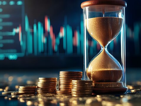 An hourglass filled with golden sand sits beside a stack of coins, symbolizing the relationship between time and money in investment and financial growth. - Powered by Adobe