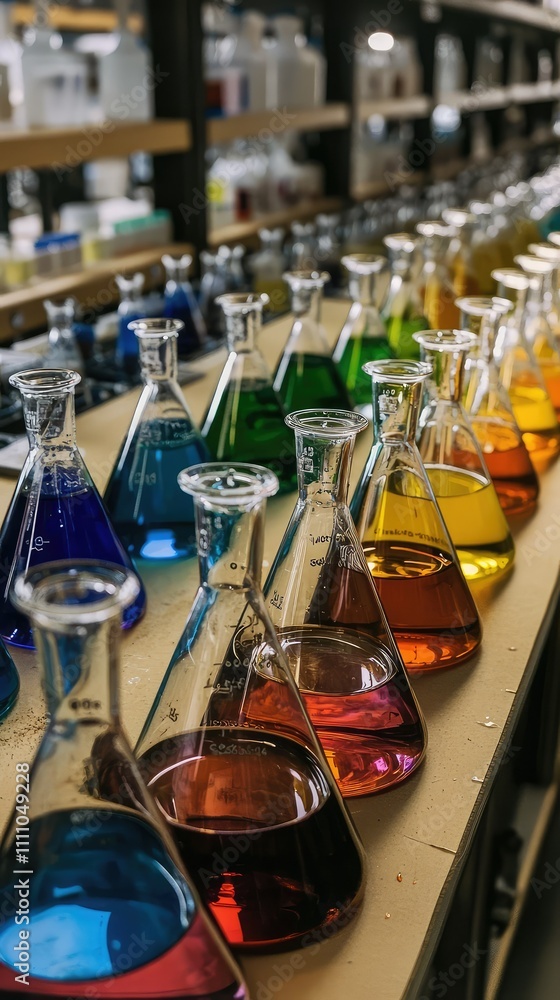 Poster collection of colorful laboratory flask bottles with various chemical solutions displayed on a labor