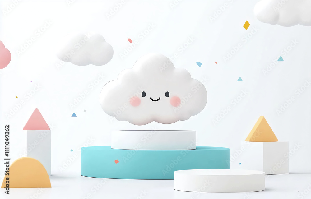 Poster cute cloud character surrounded by geometric shapes in a bright studio setting