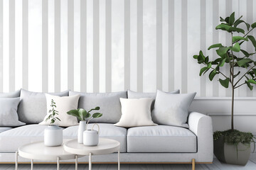 Minimalist living room featuring a white sofa with accent pillows, striped wallpaper, and greenery for a cozy, serene, and contemporary design