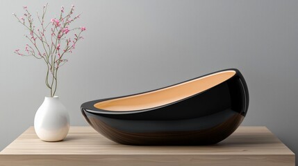 Sleek Black Modern Vessel with Light Interior and Delicate Pink Flowers
