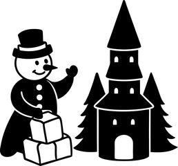 Snowman building a tiny snow castle beside a Christmas tree