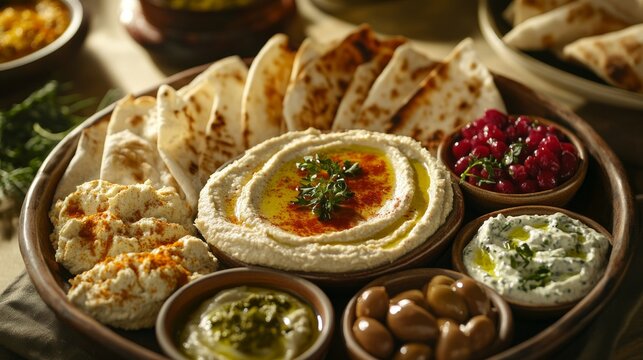 Photo of, A tantalizing platter of assorted Middle Eastern mezze including creamy hummus, smoky baba ganoush