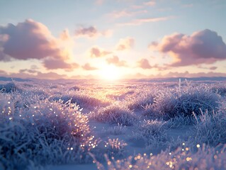 A breathtaking winter landscape at dawn, showcasing frosty grass illuminated by the soft glow of the rising sun, set against a tranquil sky filled with fluffy clouds.