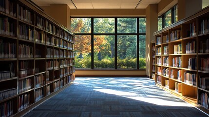 Serene Library with Autumnal View