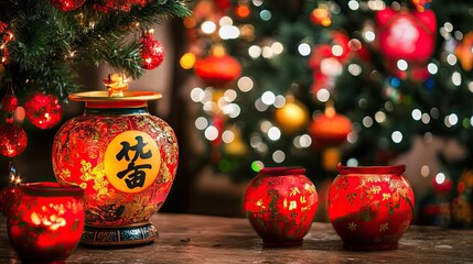 Fototapeta premium Colorful Asian Lanterns Decorate Table for Festive Christmas Celebration