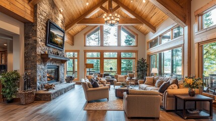 Fototapeta premium Cozy and Inviting Rustic Living Room with High Ceilings, Large Windows, Stone Fireplace, and Warm Wood Accents in a Modern Mountain Home Setting