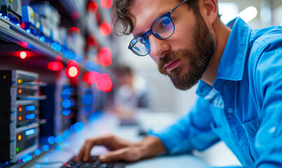 Fototapeta premium Focused IT Technician Managing Network Servers in a Data Center with Colorful LED Indicators, Concentrated Professional Troubleshooting During Daytime, Technology Expertise