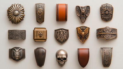 A collection of intricately designed metal belt buckles featuring various motifs, including animals, a skull, and decorative patterns, displayed in neat rows.