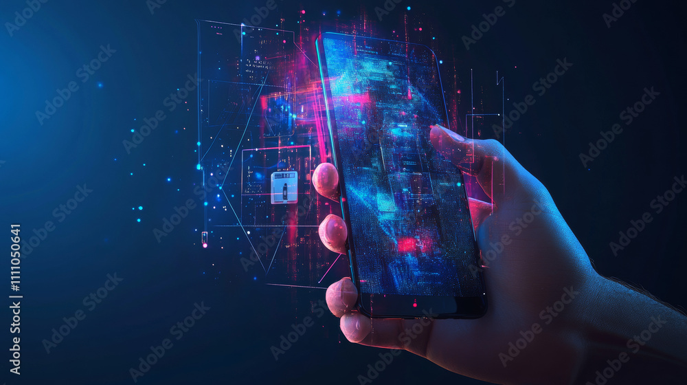 Poster smartphone with a payment card. internet banking, secure payment system. low-poly model of the hand 