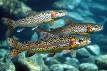Vibrant Freshwater Rainbow Trout Swimming Gracefully Underwater in a Natural Setting Surrounded by Rocks and Clear Blue Water in a Scenic River Environment