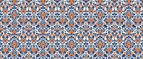 seamless pattern of Damask floral pattern orange blue textile design elegant vintage style 