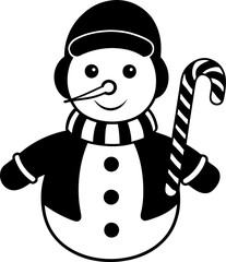 Snowman holding a candy cane and wearing earmuffs