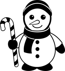 Snowman holding a candy cane and wearing earmuffs