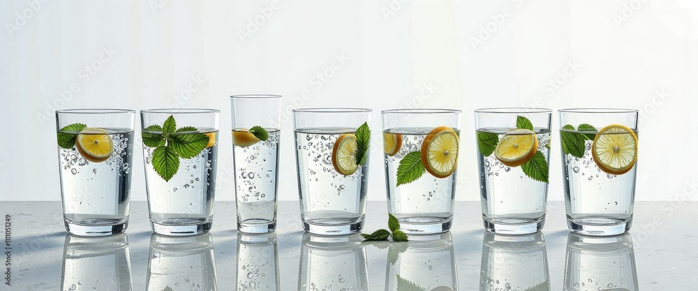 Poster a row of five glasses of water with a slice of lime in each. the glasses are all the same size and a