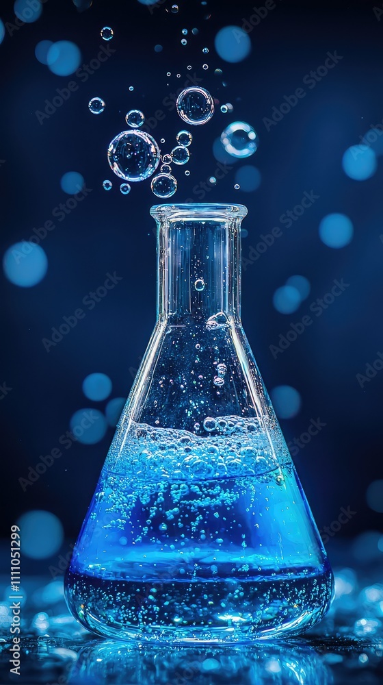Aufkleber blue liquid in laboratory flask with bubbles and sparkling background suitable for scientific and ed