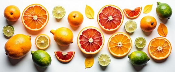 A close up of a variety of oranges and limes. The oranges are in different colors and sizes, and the limes are smaller and green. Concept of freshness and abundance