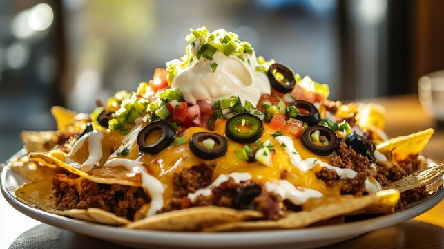 Photo of, A tantalizing platter of loaded nachos topped with melted cheese, seasoned ground beef