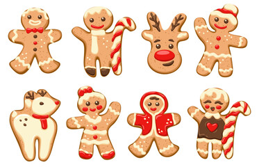 Gingerbread man. Reindeer, snowman biscuit face, sweet ginger xmas confectionery characters. Cute Santa Claus or winter deer. Baking food. Cookie for holidays. Vector cartoon isolated set