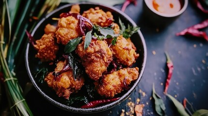 Fototapeta premium Crispy Fried Chicken with Green Leaves and Red Chili Peppers