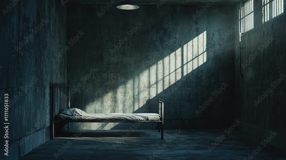 Poster a dimly lit empty room with a single bed under soft sunlight streaming through bars, evoking feeling