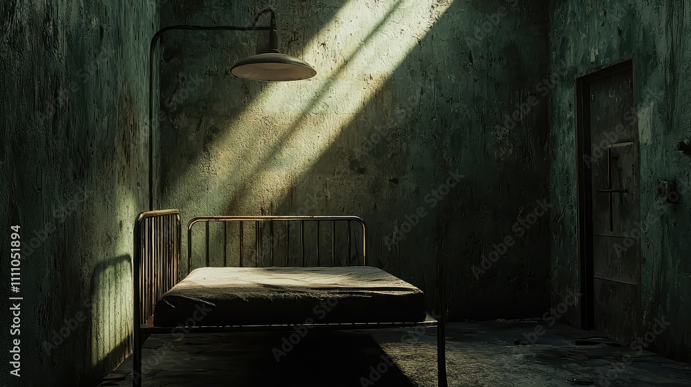 Poster abandoned and isolated room with bed highlighted by dramatic light from window creating an atmospher