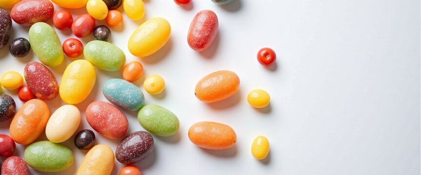 A bunch of colorful jelly beans are scattered on a white background. The jelly beans come in a variety of colors, including red, yellow, green, and blue. Concept of fun and playfulness