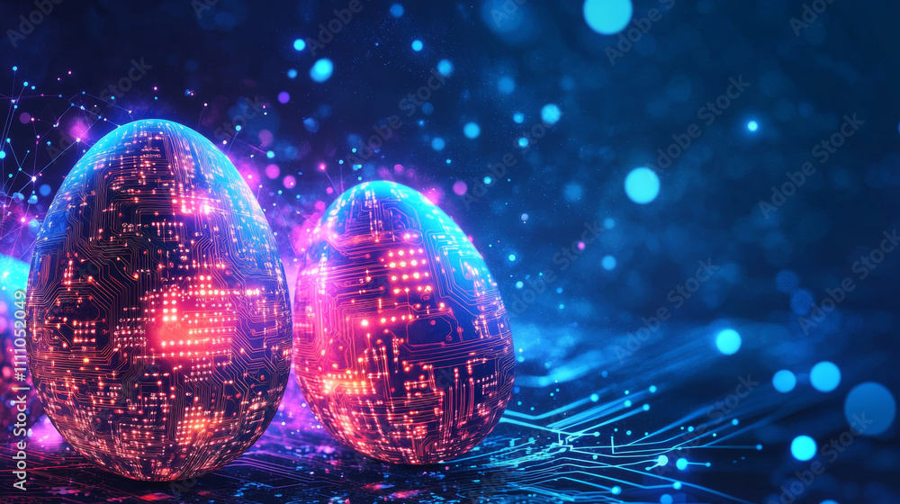 Poster easter banner with egg with digital circuit board pattern. easter background in technological style.