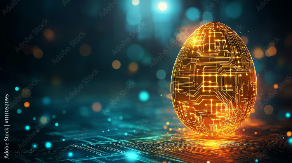 Poster easter banner with egg with digital circuit board pattern. easter background in technological style.