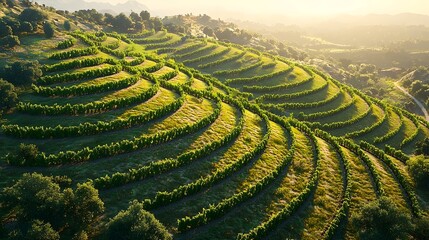 Fototapeta premium Lush green vineyard terraces stretch across rolling hills under a warm golden sunset, showcasing a beautiful landscape of nature's bounty and tranquility.