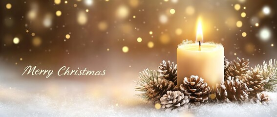 Christmas candle with pine cones and text "Merry Christmas" card banner background with copy space, in a golden color. Christmas banner, Generative Ai 