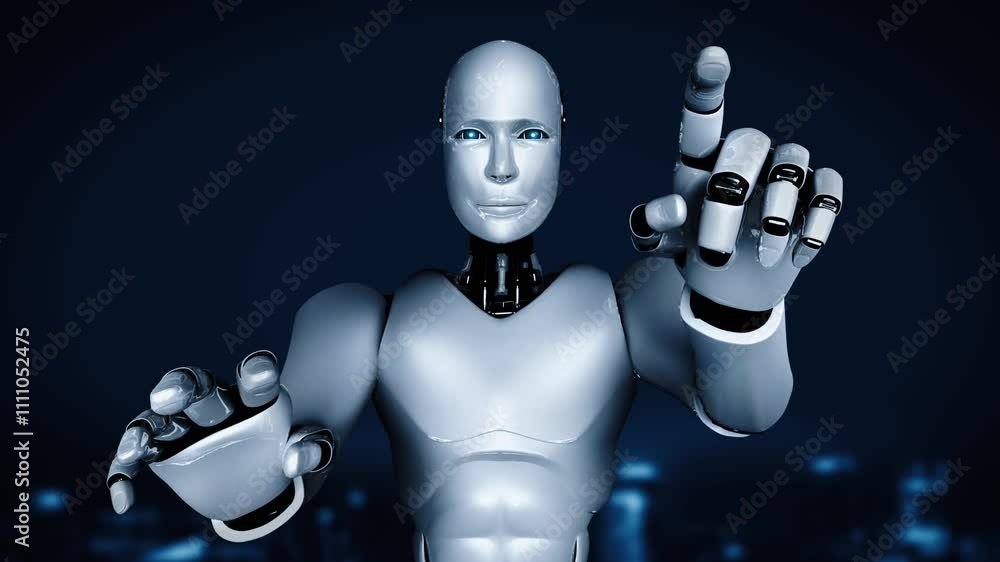 Poster internet connection controlled by ai robot huminoid and machine learning process to analyze data con