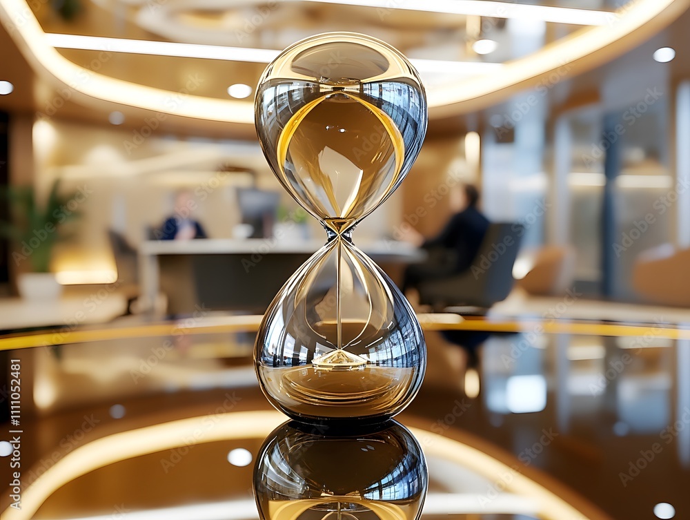 Poster elegant hourglass on a modern desk in a contemporary office setting, symbolizing the passage of time