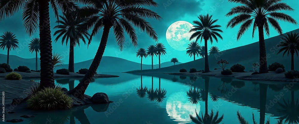 Poster a beautiful beach scene with palm trees and a full moon in the sky. the moon is reflecting on the wa