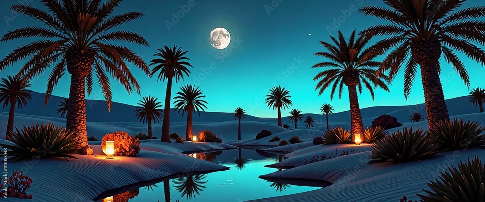 Poster a beautiful beach scene with palm trees and a full moon in the sky. the moon is reflecting on the wa