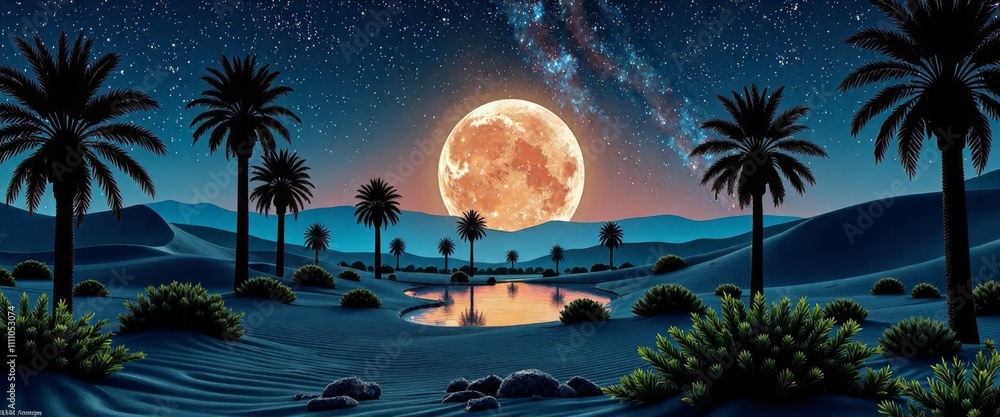 Poster a beautiful beach scene with palm trees and a full moon in the sky. the moon is reflecting on the wa