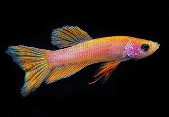 Fototapeta premium Vibrant Tropical Fish with Striking Colors Swimming Gracefully Against a Black Background, Showcasing Its Beautiful Fins and Delicate Features in a Stunning Underwater Scene