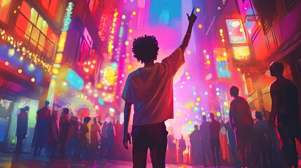 Peace, music, and sunset: a young man raises his arm at a live music event, surrounded by colorful lights and an energized crowd.