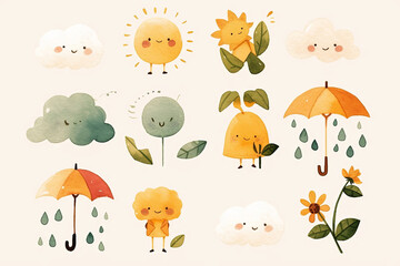 Fototapeta premium Adorable watercolor illustrations celebrating weather and nature with charming faces