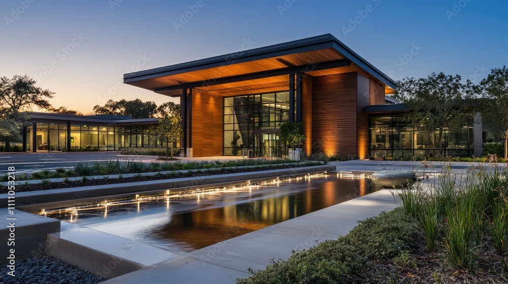 Poster modern architectural building at dusk with reflective water feature and surrounding greenery set aga