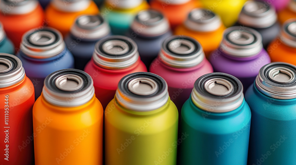 Poster colorful array of spray paint cans with vibrant caps, lined up in rows, showcasing a spectrum of hue