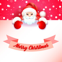 A Christmas banner with Santa Claus.Cute cartoon Santa on a red background and snowflakes. Design in vector.