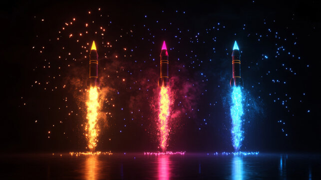 Vector Rocket Fireworks on black background